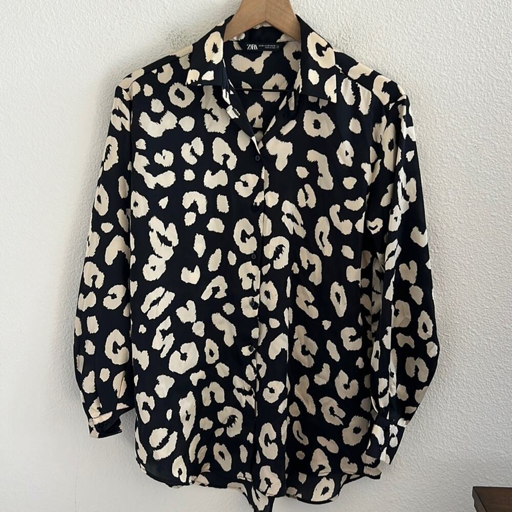 Zara Longline Button Front Collar Leopard Printed Shirt Lightweight Sateen XS